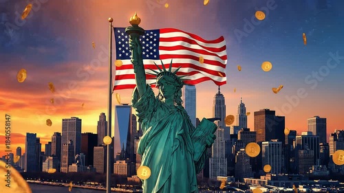 Statue of Liberty with her torch raised high while digital cryptocurrency coins rain, creating symbolic contrast between historic U.S. ideals and modern blockchain-driven economy and financial freedom