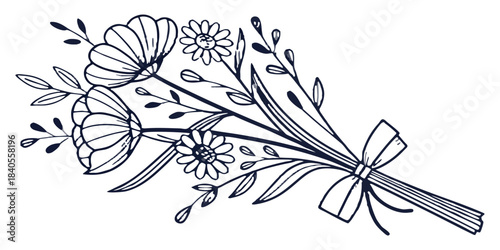 “Minimal line art floral bouquet, clean thin strokes, modern botanical illustration, elegant outline flowers, SVG, transparent background”