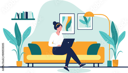 A Woman working from home, sitting on a sofa with a laptop, representing remote work, online learning, freelance and a modern lifestyle, flat design vector illustration