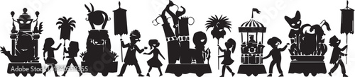 Silhouette of a whimsical carnival scene with children and rides