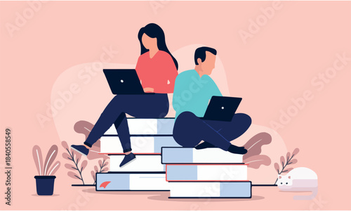 Adults online study - Two people doing online learning and studying on computers while sitting on books. Flat design vector illustration