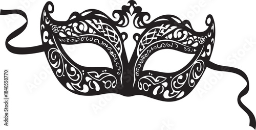 Elegant black filigree masquerade mask with ribbons