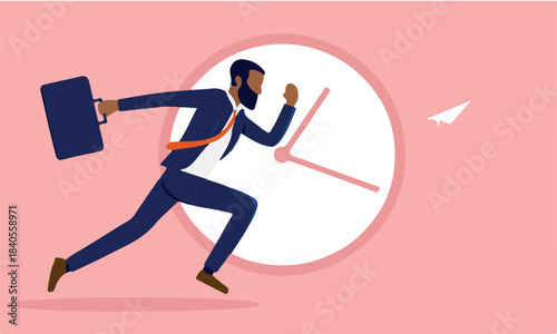 African American businessman running in front of clock - Business deadline and efficient concept. Vector illustration