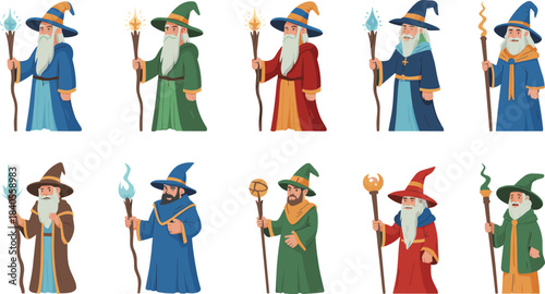 Cartoon illustration set of fantasy wizards with magical staffs, colorful robes, beards, and hats casting spells in mystical style