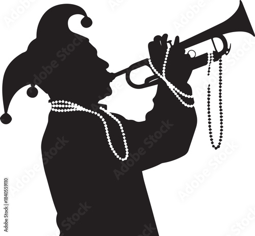 Silhouette of a jester playing a trumpet with mardi gras beads