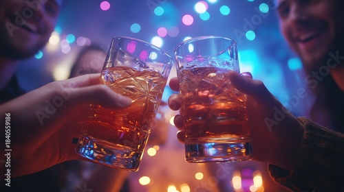 Two hands toasting with wine glasses in a warm, romantic atmosphere with soft, blurred lights.