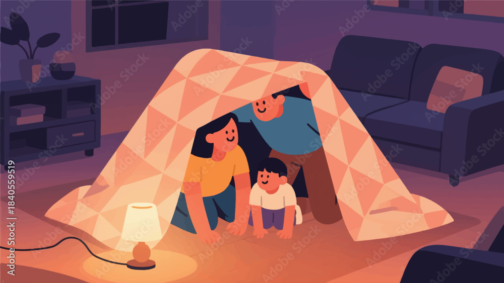 Fototapeta premium Illustration Of Parent And Child Creating A Cozy Blanket Fort Inside The Living Room Vector Design Template