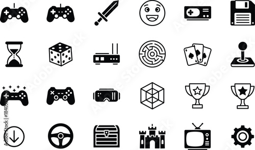 Comprehensive gaming icon set featuring controllers, trophies, VR, retro elements, fantasy items, puzzles, cards, and essential symbols for digital entertainment graphics.