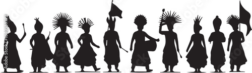 Silhouette of children in traditional african attire holding flags and baskets