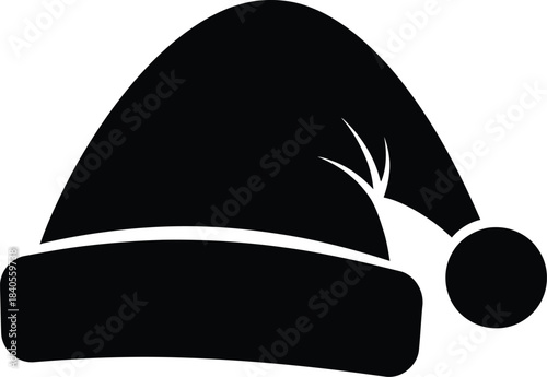 A floating Vector solid black icon for Santa hat black and white on white background  