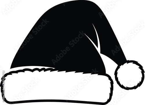 A floating Vector solid black icon for Santa hat black and white on white background  
