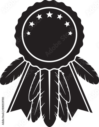 Native american inspired feathered ribbon award badge emblem