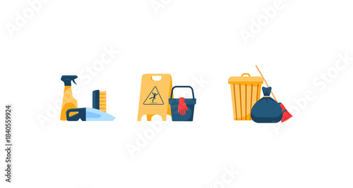 Cleaning supplies and equipment in a flat design style on a white background