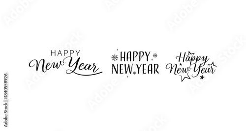 Happy New Year greetings in elegant black script on a white background