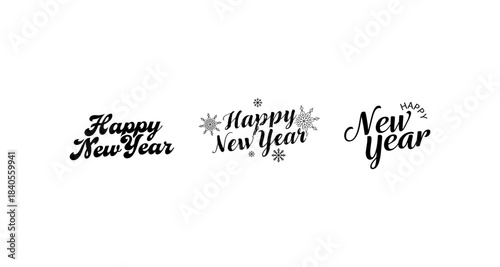 Happy New Year greetings in elegant black script on a white background