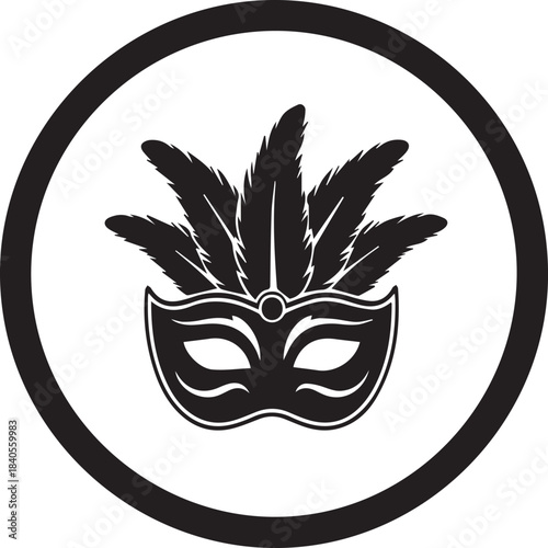 Black and white graphic of a venetian mask with feathers inside a circle