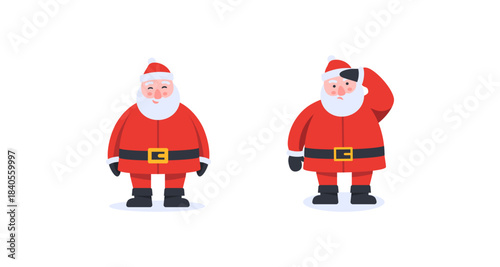 Cartoon Santa Claus in two poses, happy and thoughtful, on a white background