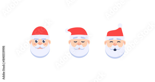 Cartoon Santa Claus faces with different expressions on a white background