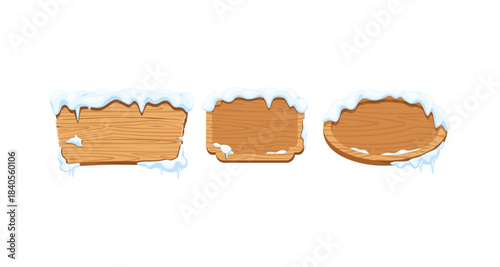 Wooden signs with snow and icicles for winter or Christmas decorations