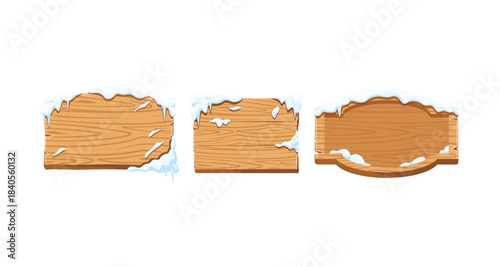 Wooden signs covered in snow, perfect for winter holiday messages and announcements