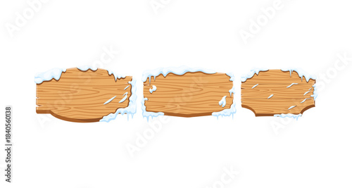 Wooden signs with snow and ice, winter season design elements