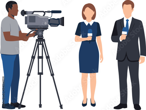 News reporters and cameraman illustration, television broadcasting scene, media interview setup, journalist team with microphone, professional news coverage vector characters