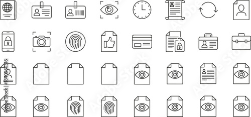 Comprehensive identity verification and security document icon set featuring biometric symbols, ID cards, files, privacy protection, authentication, monitoring, and digital access elements.