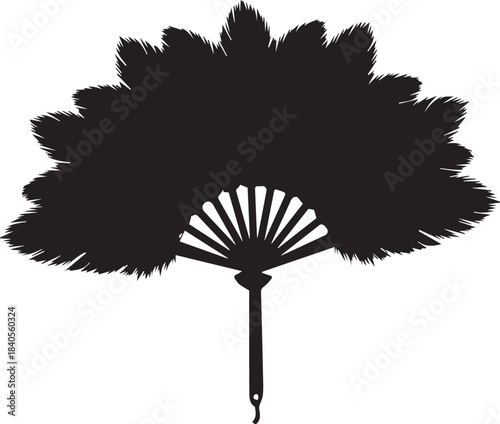 Silhouette of a large ornate feather fan against a white background