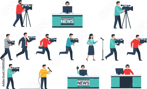 Journalism and news reporting illustration set, cameramen filming scenes, reporters interviewing, broadcast studio anchors, media coverage activities, press and television vector icons
