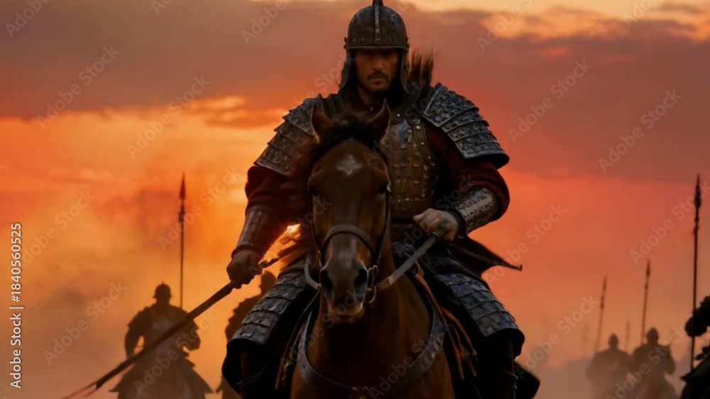 Ancient Chinese Warrior in Armor Leading Cavalry Charge at Sunset ...