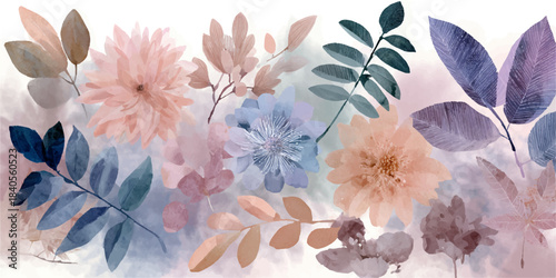 Soft watercolor floral arrangement with delicate leaves in pastel hues