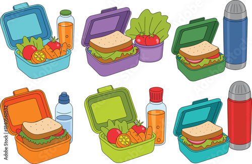Cartoon lunch boxes with sandwiches, vegetables, fruits, and drinks, colorful meal containers, healthy lunch illustration, school lunchbox set, food clipart