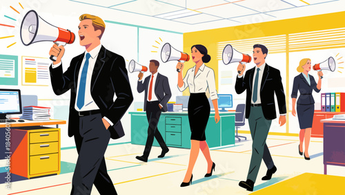This vibrant illustration shows a business professional using a megaphone to announce a message in an office, surrounded by a desk, computer, and file cabinet.