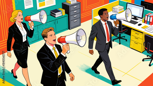 This vibrant illustration shows a business professional using a megaphone to announce a message in an office, surrounded by a desk, computer, and file cabinet.