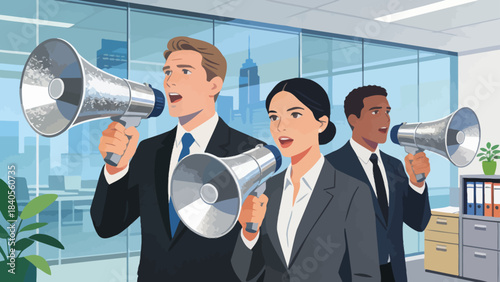 This vibrant illustration shows a business professional using a megaphone to announce a message in an office, surrounded by a desk, computer, and file cabinet.