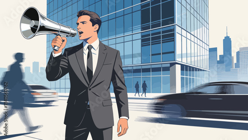 This vibrant illustration shows a business professional using a megaphone to announce a message in an office, surrounded by a desk, computer, and file cabinet.