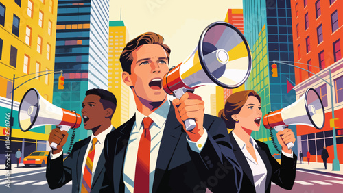 This vibrant illustration shows a business professional using a megaphone to announce a message in an office, surrounded by a desk, computer, and file cabinet.