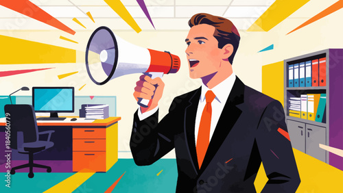 This vibrant illustration shows a business professional using a megaphone to announce a message in an office, surrounded by a desk, computer, and file cabinet.