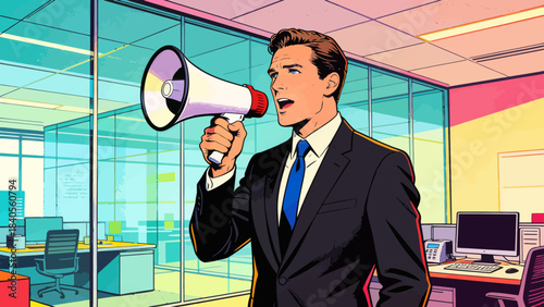 This vibrant illustration shows a business professional using a megaphone to announce a message in an office, surrounded by a desk, computer, and file cabinet.
