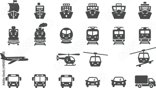 Cute transportation vehicle icon set featuring ships, trains, airplanes, helicopters, buses, cars, and trucks in playful cartoon vector style.