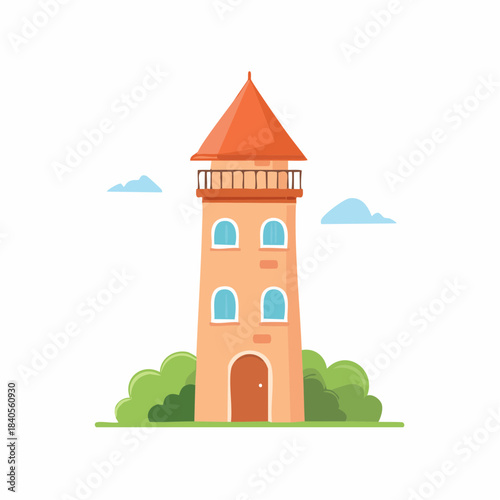 Illustrated tower with a red roof stands among green bushes and under a blue sky with fluffy clouds