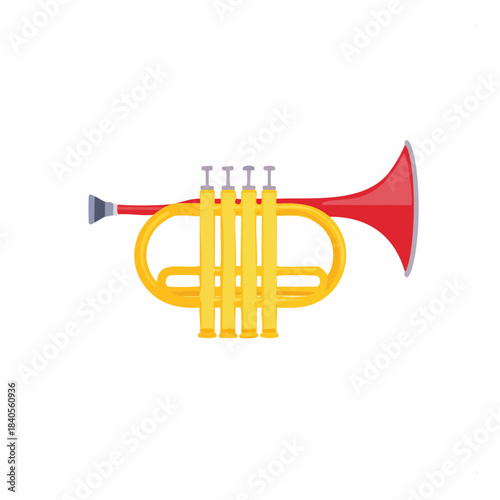 Cartoon drawing of a red and yellow trumpet, musical instrument, music object