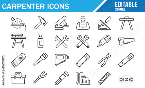 Carpentry and woodcraft outline icons for construction branding projects