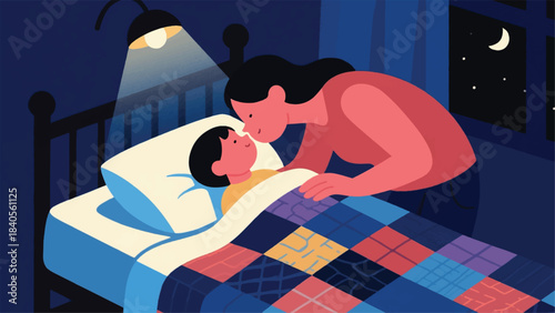 Illustration Of Parent Gently Tucking A Child Into A Bed Covered With A Patchwork Quilt, Giving A Forehead Kiss Vector Design Template