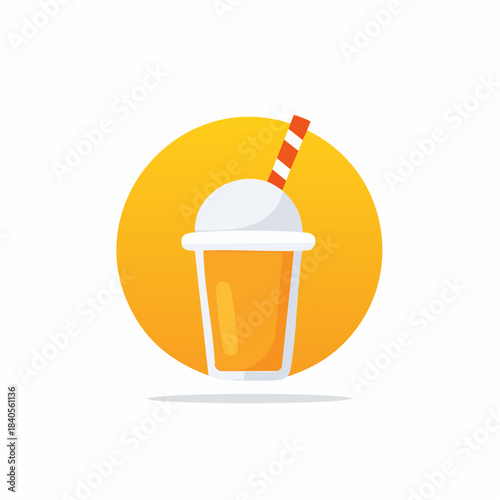 Refreshing smoothie drink in plastic cup with straw and dome lid against a vibrant yellow circle, modern minimalist style