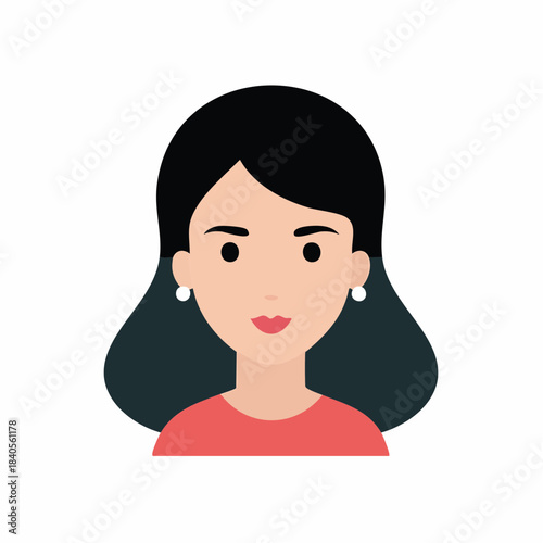 Illustration of a woman with black hair, wearing a red top, digital art profile, graphic style design.