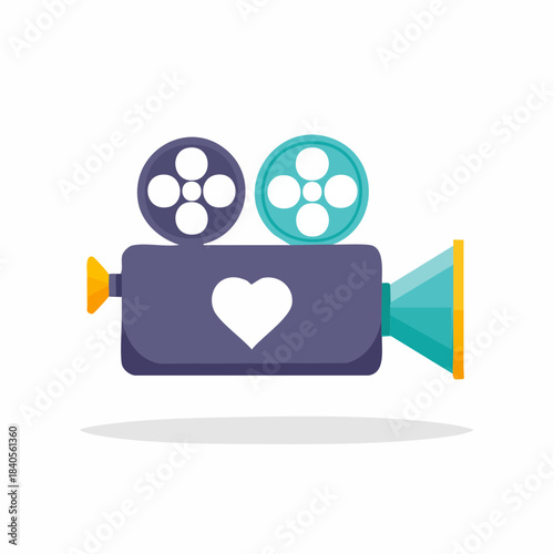 Vintage Movie Camera with a Heart Symbol, Romantic Film Concept, Flat Design, Love