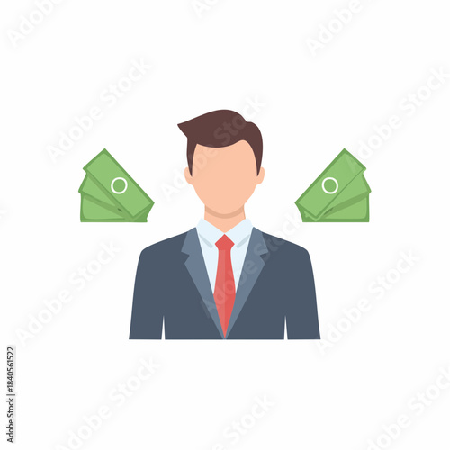 Flat vector illustration showing a businessman with cash, symbolizing wealth and success with stacks of money on both sides