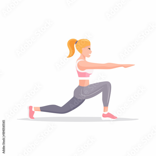 Woman in sportswear doing lunge exercise, strengthening legs and glutes, increasing mobility, balance and stability in isolated vector illustration