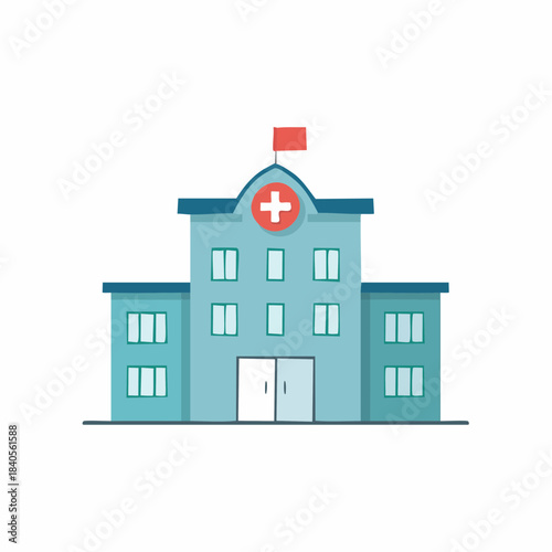 Vector Illustration of a Blue Hospital Building with a Red Cross on Top, Suitable for Medical and Healthcare Related Projects